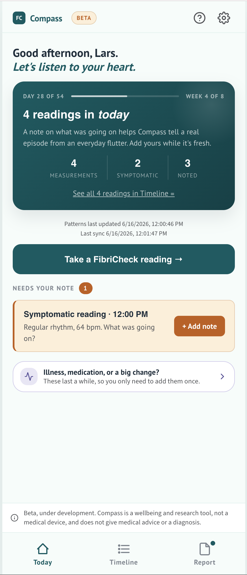 Compass app home, a daily heart check with the investigation's progress, today's readings, and a prompt to note what was going on